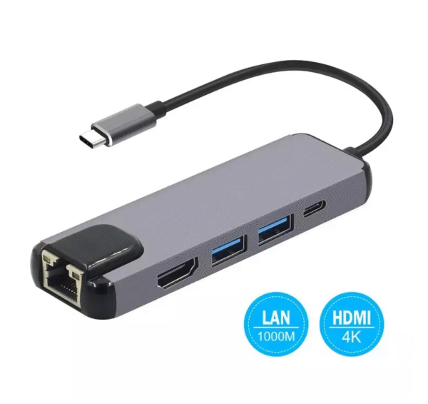 CONVERTIDOR MULTIFUNCIÓN 5 EN 1 UNITEC U.S.A. – USB-C + 2 USB 3.0 + HDMI + RJ45 – REF: 120572